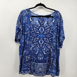 Rose & Thyme Blue White‎ Paisley Print Keyhole Blouse Top 1X Womens